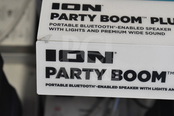 ION Party Boom Plus speaker display box, showing labels for Bluetooth capability and premium sound features.
