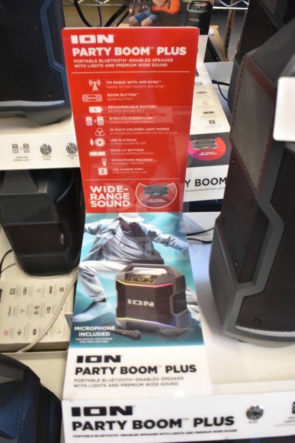 6 Ion Party Boom Plus display units. Features Bluetooth, FM radio, rechargeable battery, multi-colored lights. Premium sound.