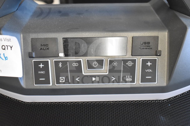Ion Party Boom Plus speaker panel with mic, aux, USB ports, playback controls, and EQ options. Store display model.