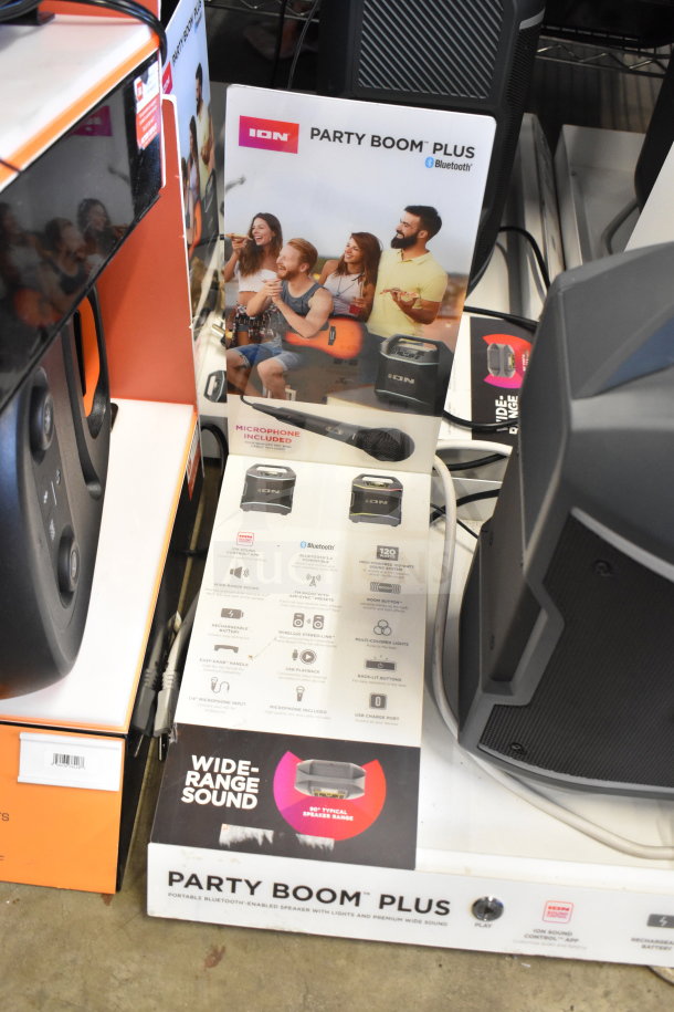 Ion Party Boom Plus Speaker display; features wide-range sound, Bluetooth, microphone included; six units available; store display condition.
