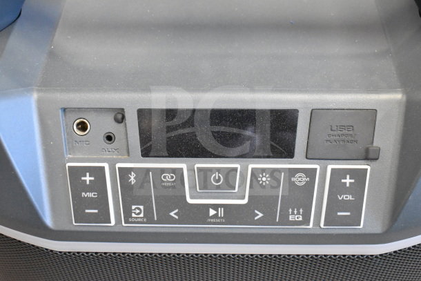 Ion Party Boom Plus Speaker control panel with volume, EQ, and Bluetooth buttons, USB playback, and mic/aux inputs.
