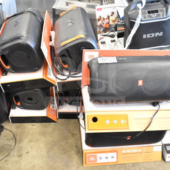 6 JBL Partybox 110 Portable Bluetooth Speakers on display, each in original packaging. Ideal for powerful party sound.