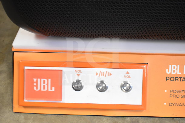 JBL Partybox 110 Store Display showing controls and JBL logo. Features volume and playback buttons.
