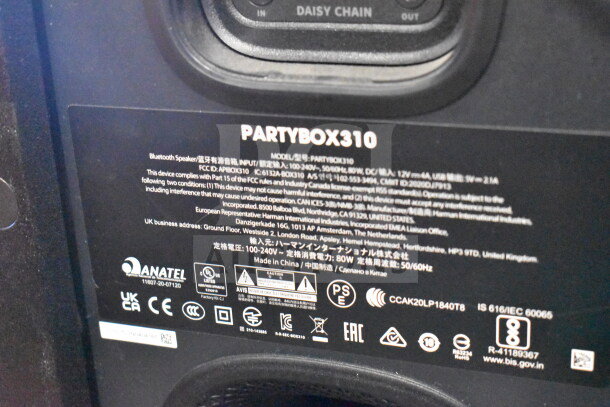 JBL Partybox 310 speaker label, model code: Partybox310. Includes compliance icons and manufacturing details.