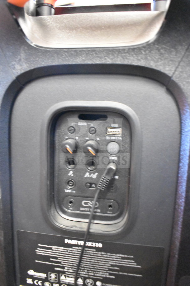 JBL Partybox 310 speaker display, includes controls for gain, USB port, aux input, and labeling. In good condition.