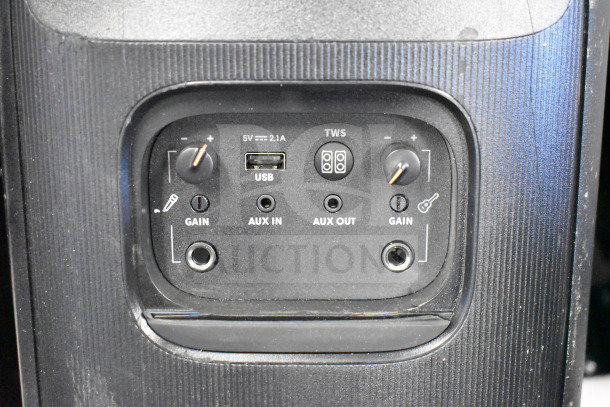 JBL speaker control panel featuring USB, AUX in/out, gain knobs, and TWS button. Condition: good, minor surface wear.