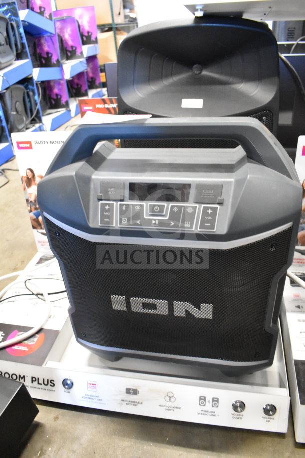 Ion Party Boom Plus speaker, store display model. Features include LED display, control buttons, and sturdy handle.