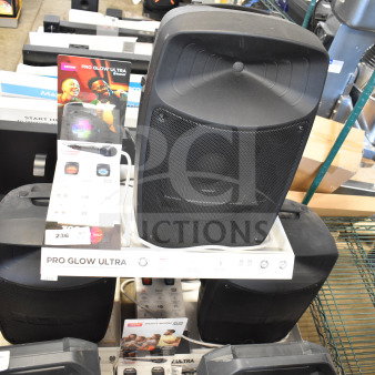 3 Ion Pro Glow Ultra speakers on display, excellent condition. Features Bluetooth connectivity, vivid sound, and dynamic lighting.
