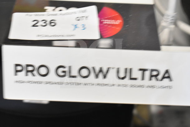 3 Pro Glow Ultra speakers with lights and premium sound displayed. Auction tag shows quantity of 3 items.