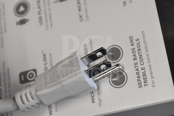 Plug close-up on Ion Pro Glow Ultra Speaker box, showcasing connectivity features and controls description. 