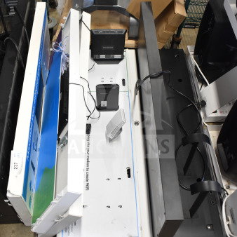 Store display units for auction, featuring NETGEAR Wi-Fi devices. Includes assorted items and cables. Varied conditions.