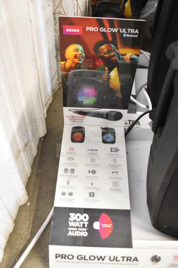 ION Pro Glow Ultra speaker display with product features. Includes Bluetooth, 300W output, and microphone. Like new condition.