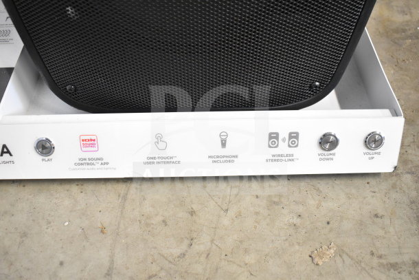 Store display with Ion Pro Glow Ultra speaker, showing controls for play, sound app, user interface, mic, stereo link, and volume.