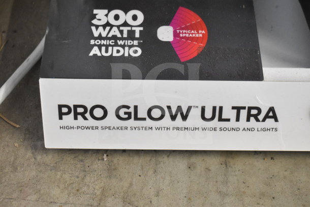 Ion Pro Glow Ultra speaker display, 300W Sonic Wide Audio, features premium sound and lights, typical PA speaker.