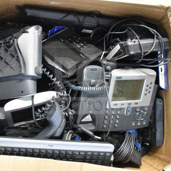 Lot of various corded office telephones, Logi keyboard, and a credit card reader in a box. Mixed condition.