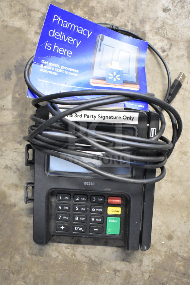 Lot of various corded office telephones, a keyboard, and an iSC250 credit card reader. Good condition, includes cables.
