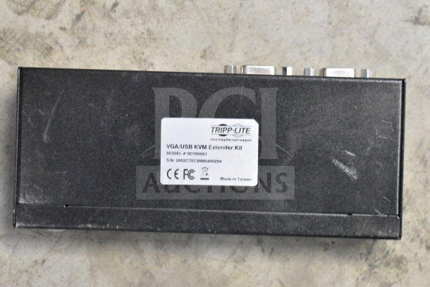 Lot featuring Tripp Lite VGA/USB KVM Extender Kit. Model #0DT60001. Black casing, label indicates CE, FCC compliant.