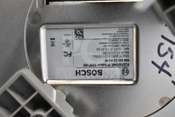 Bosch Flexidome IP indoor 5000 HD security camera, model NIN-50022-A3-W, shown with label detailing specs and compliance marks.