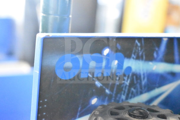 Onn store display sign with abstract blue design; visible text reads "onn."
