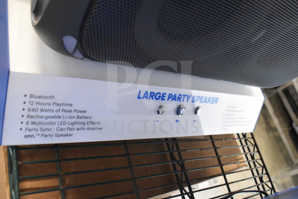 Onn large party speaker with Bluetooth, 12 hours playtime, 640W peak power, LED effects, rechargeable battery, and party sync.