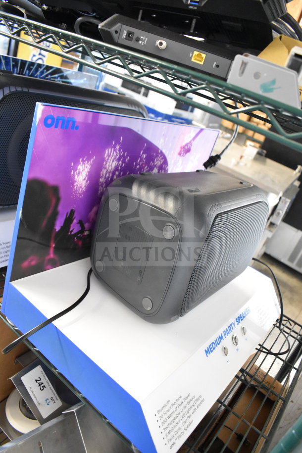 4 item lot includes two store display Onn medium party speakers and two Samsung speakers. As-is condition.