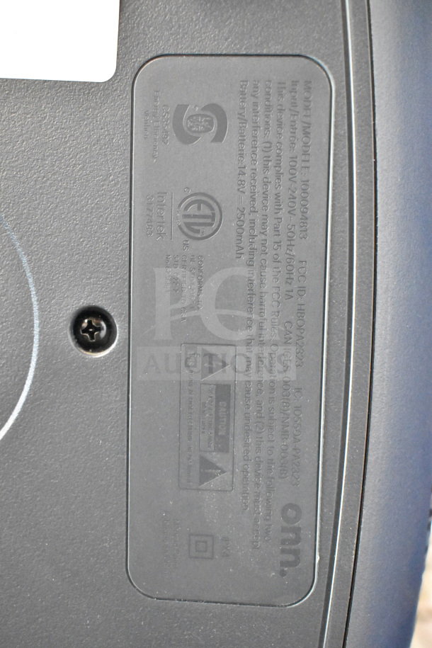 Label on Onn speaker showing compliance and safety information, model 100004813, input 100V-240V, 50/60Hz.