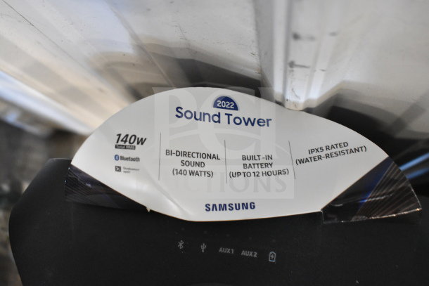 Samsung Sound Tower tag, 140W bi-directional sound, built-in battery up to 12 hours, IPX5 water-resistant rating.