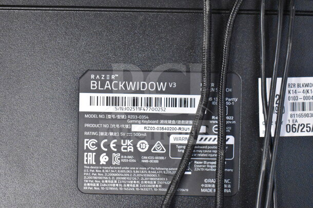Razer BlackWidow V3 Gaming Keyboard label, Model RZ03-0354, 5V 500mA rating, includes serial number, certification logos.
