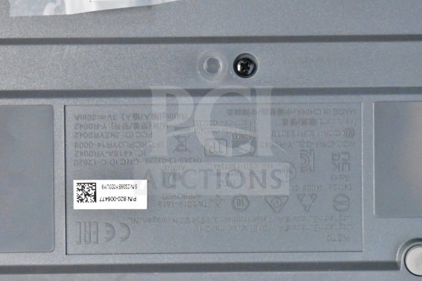 Label on electronic device with serial number SN: 23655V020VU6, part number (P/N): 820-006417, and various compliance markings.