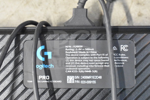 Logitech Tenkeyless Gaming Keyboard label, model YU0039, 5.0V, 500mA, made in China, includes serial and part numbers.