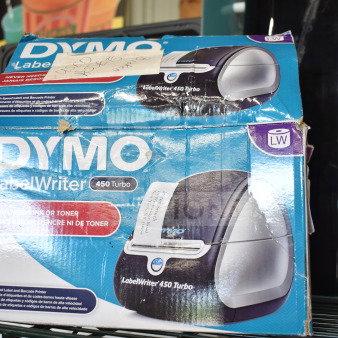 Dymo LabelWriter 450 Turbo in worn packaging, visible label maker image. Printer offers high-speed label and barcode printing.