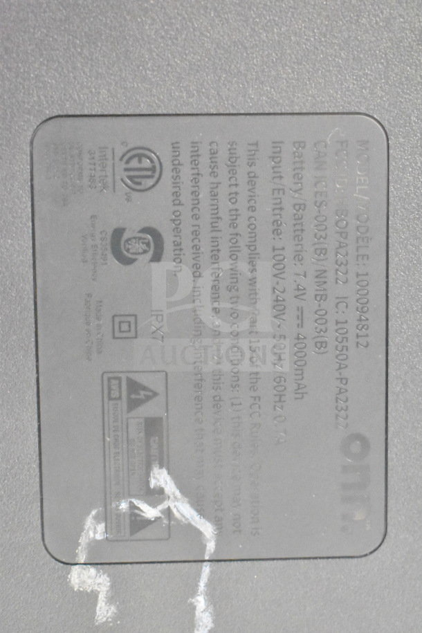 Onn Medium Party Speaker, Model 100009481, with battery 7.4V 4000mAh, IPX7 rating. Display item tag visible.