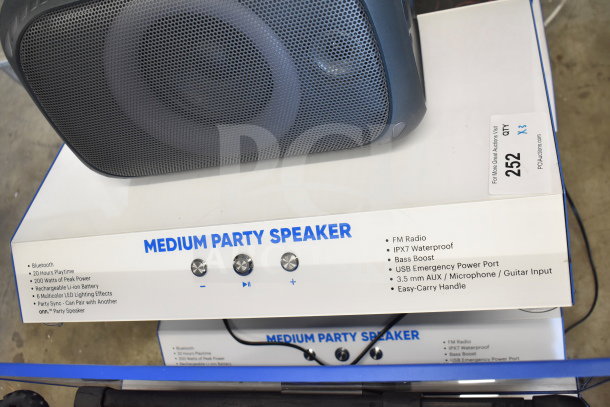 Onn Medium Party Speaker with Bluetooth, 20-hour playtime, 200W peak power, IPX7 waterproof, FM radio, party display.