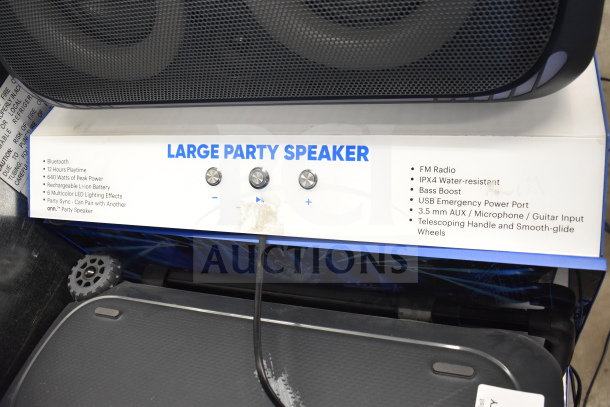 Onn Large Party Speaker with Bluetooth, 12-hour playtime, 640W power, LED effects, FM radio, IPX4 water-resistant.