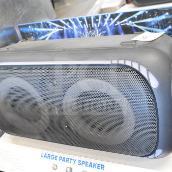 Onn Large Party Speaker display unit, featuring dual speakers, black finish, and decorative lights, in excellent condition.