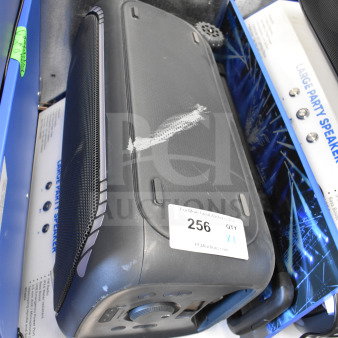 Onn Large Party Speaker, black, used, visible wear with scuff marks, auction tag labeled "256 Qty 1." Includes power cord.