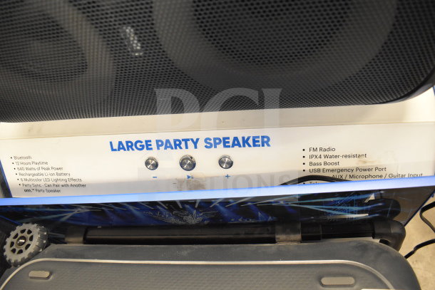 Onn Large Party Speaker, store display. Features: Bluetooth, 640W power, 12-hour playtime, IPX4 water-resistant, LED effects.