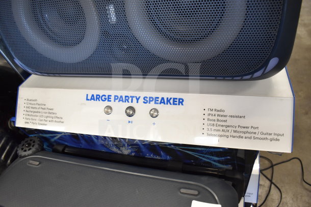 Onn Large Party Speaker display; features include Bluetooth, 12-hour playtime, 640W power, USB port, and water resistance.