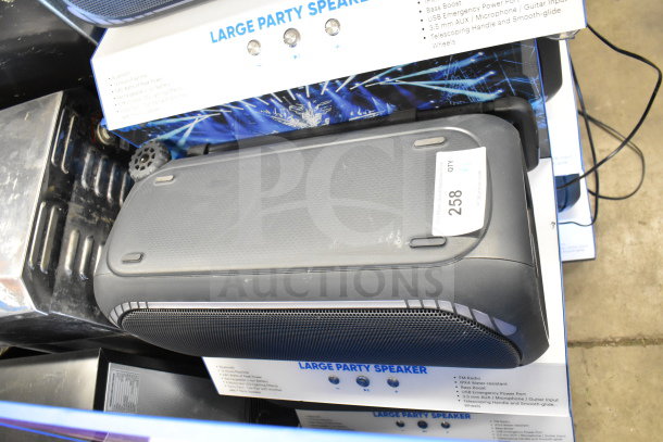 Onn Large Party Speaker, store display, features include bass boost and FM radio. Quantity label marked 258.