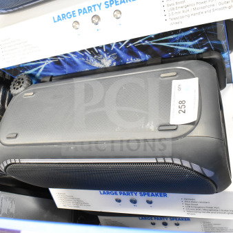 Onn Large Party Speaker, store display, features include bass boost and FM radio. Quantity label marked 258.