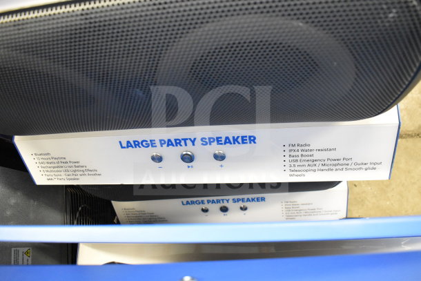 Onn Large Party Speaker with display features Bluetooth, 640 watts power, FM radio, AUX input, and IPX4 water resistance.