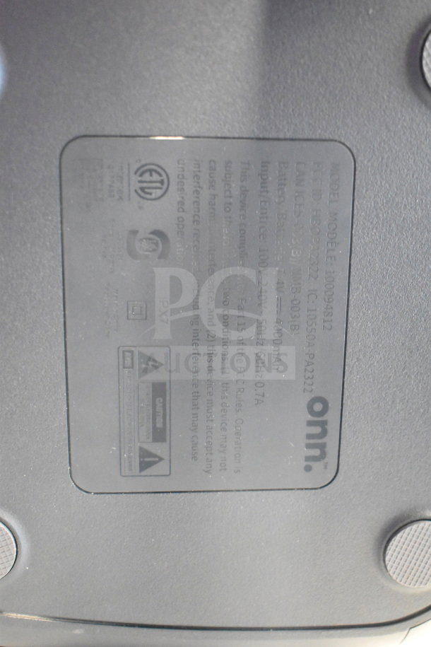 Onn medium party speaker label shows model 1000954912, FCC ID MSIP-X-RRR-ONN, battery 4000mAh, input 100-240V, IPX7 rated.