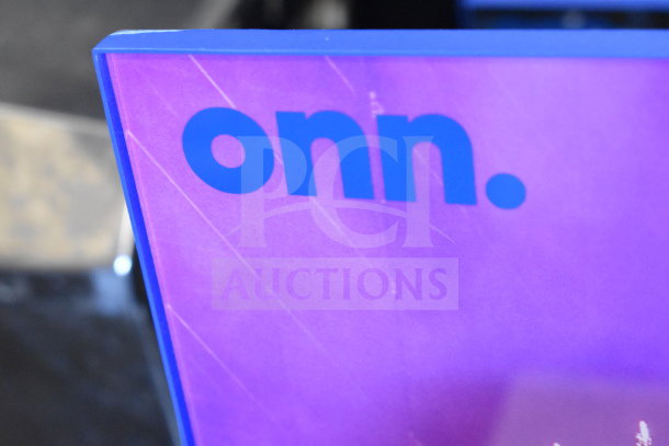 Onn store display sign in purple and blue, showcasing brand logo.