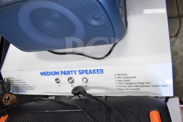 Onn Medium Party Speaker display, featuring Bluetooth, IPX7 waterproof, bass boost, USB port, AUX input, and easy-carry handle.
