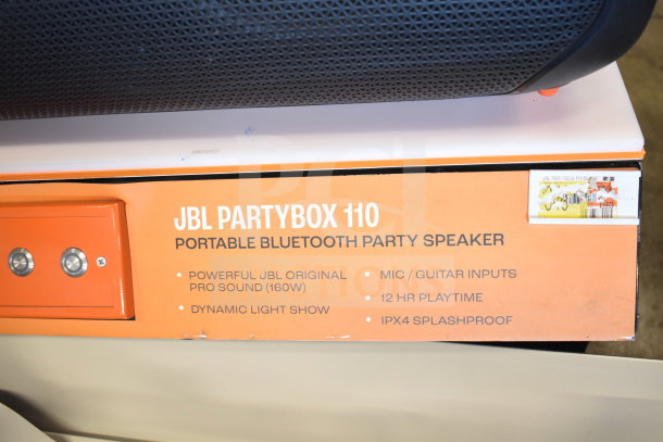 JBL Partybox 110 Portable Bluetooth Speaker with display. Features include 160W sound, dynamic light show, mic/guitar inputs, 12-hour playtime, IPX4 splashproof.