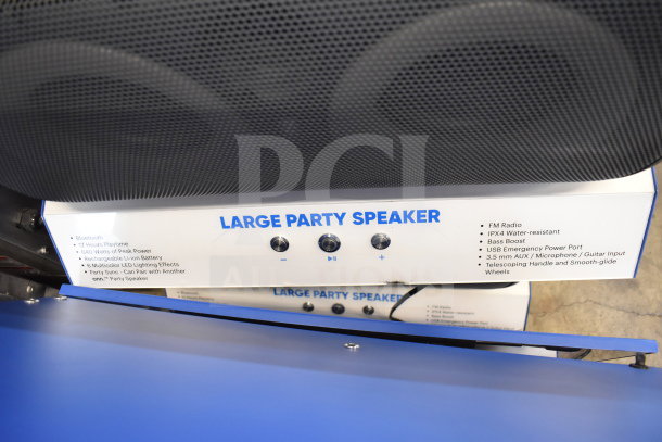 Onn Large Party Speaker, Bluetooth, 640W peak, 12-hr playtime, LED effects, IPX4, FM radio, USB port, AUX input, wheeled handle.