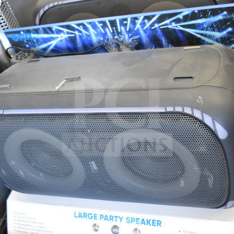 Onn Large Party Speaker on display stand, black with LED accents. Features Bluetooth, 640W power, rechargeable battery. Good condition.