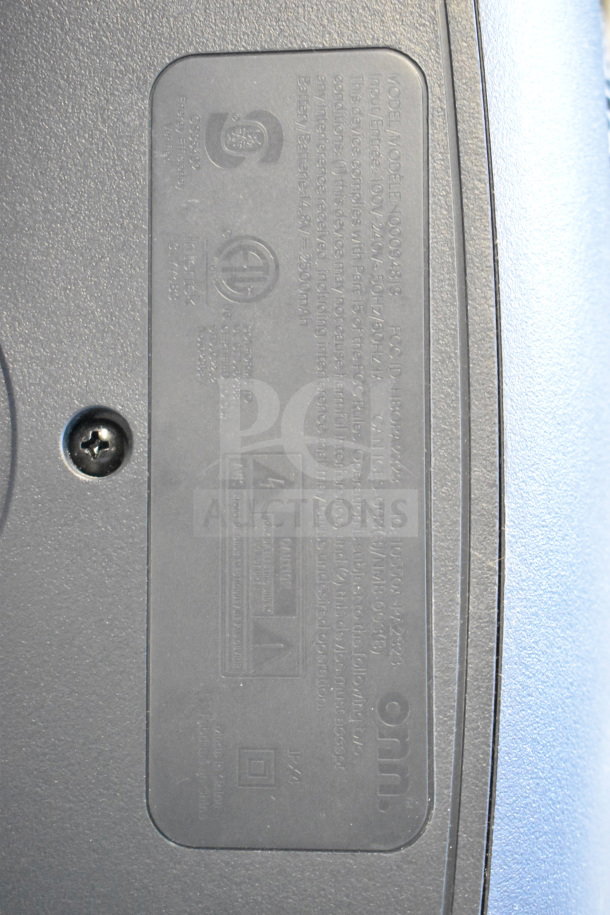 Onn Large Party Speaker label showing model N00034818, voltage 100V/240V, and battery 2500mAh, in good condition.