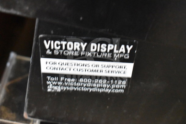 Victory Display store fixture label with contact details for customer support.