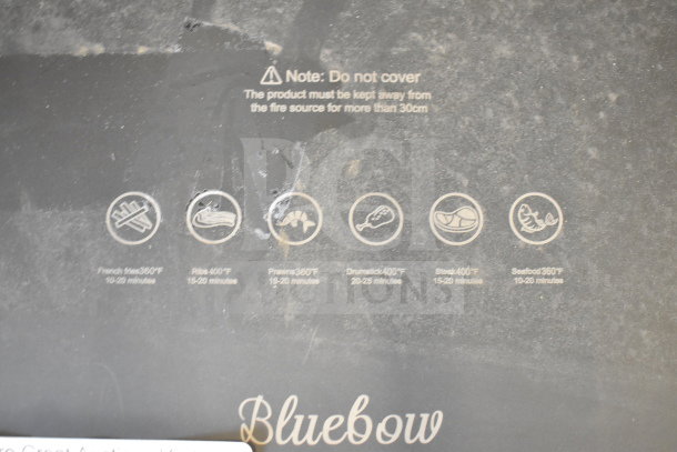 Bluebow FD-1015B Countertop Air Fryer, 110-120V, features icons for cooking times and temperatures.